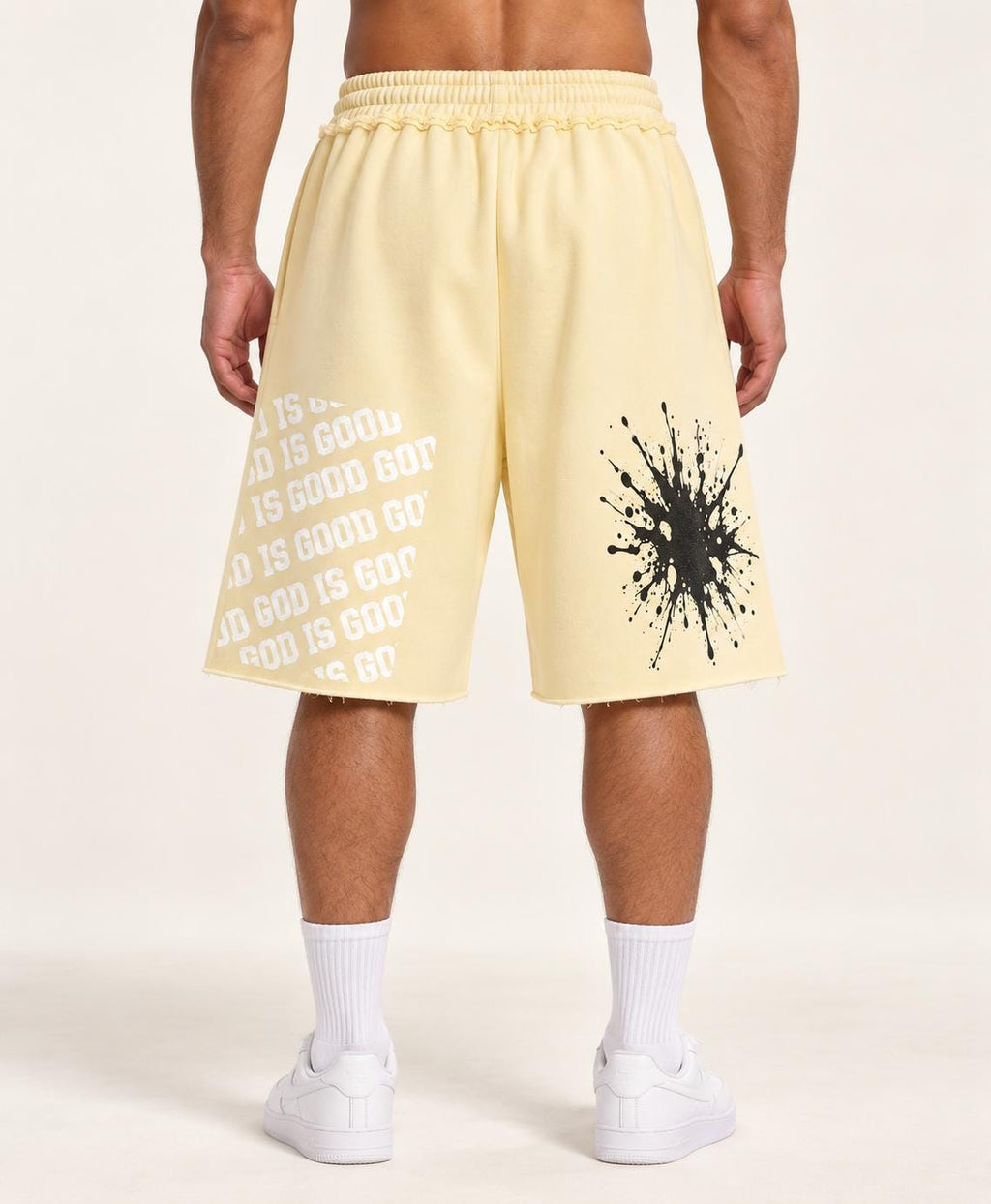 Butter Yellow Palm Tree Sweat Shorts, God Is Good Graphic, Relaxed Fit (Limited Edition)