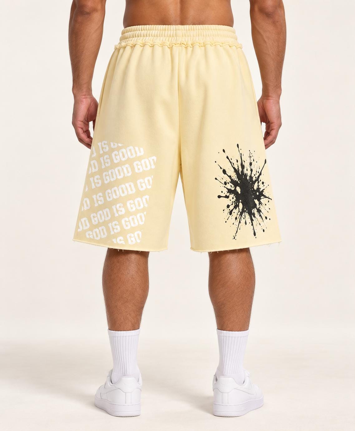 Butter Yellow Palm Tree Sweat Shorts, God Is Good Graphic, Relaxed Fit (Limited Edition)