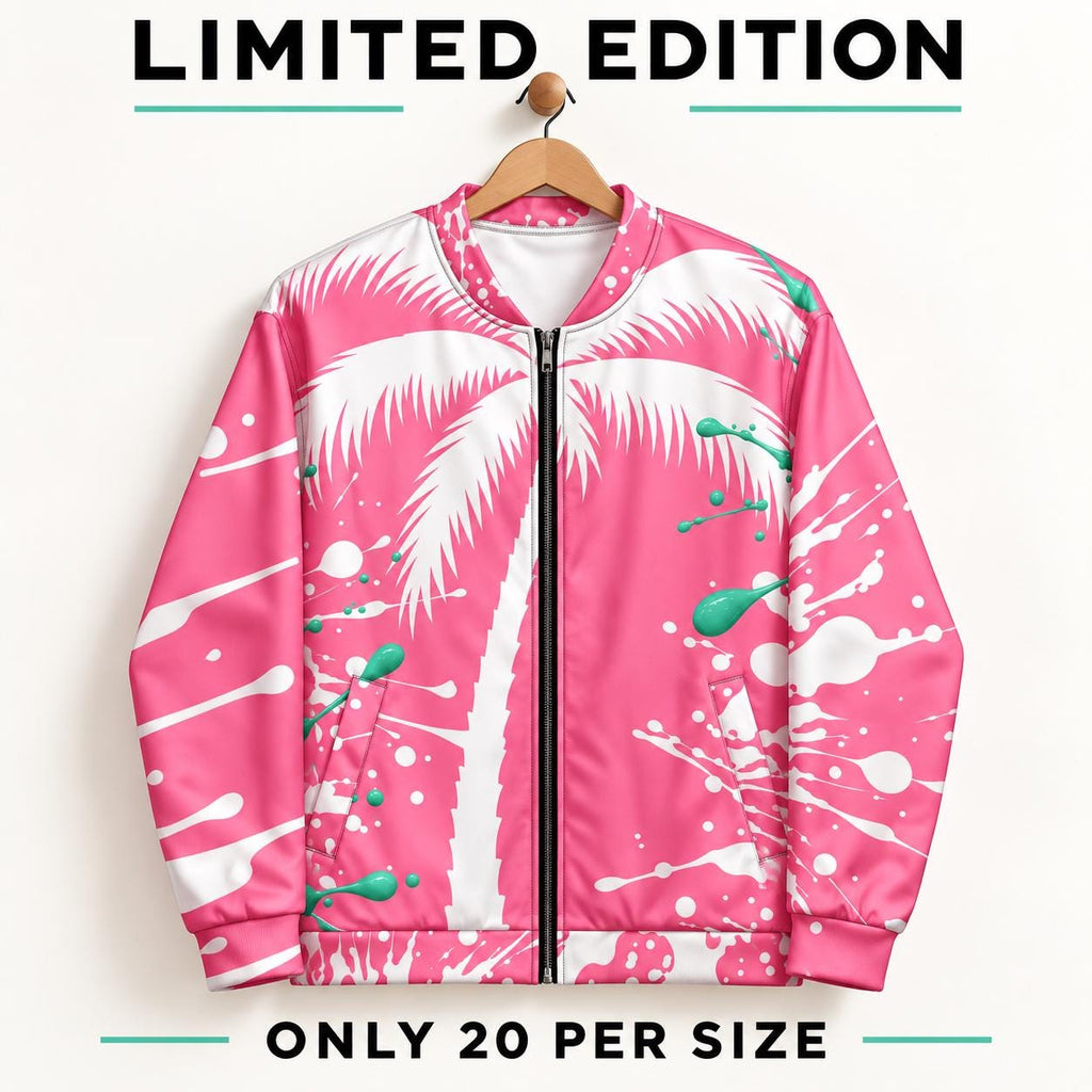 Pink Palm Tree Bomber Jacket, Mint Green Paint Splatter Print, Zip Up Streetwear