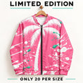 Pink Palm Tree Bomber Jacket, Mint Green Paint Splatter Print, Zip Up Streetwear
