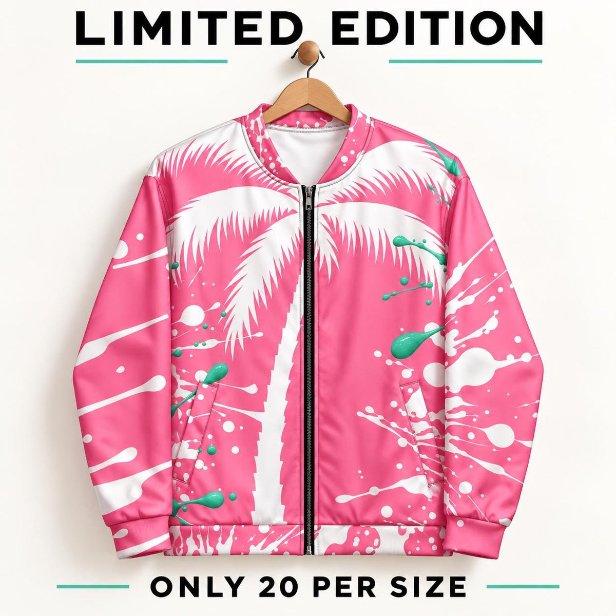 Pink Palm Tree Bomber Jacket, Mint Green Paint Splatter Print, Zip Up Streetwear