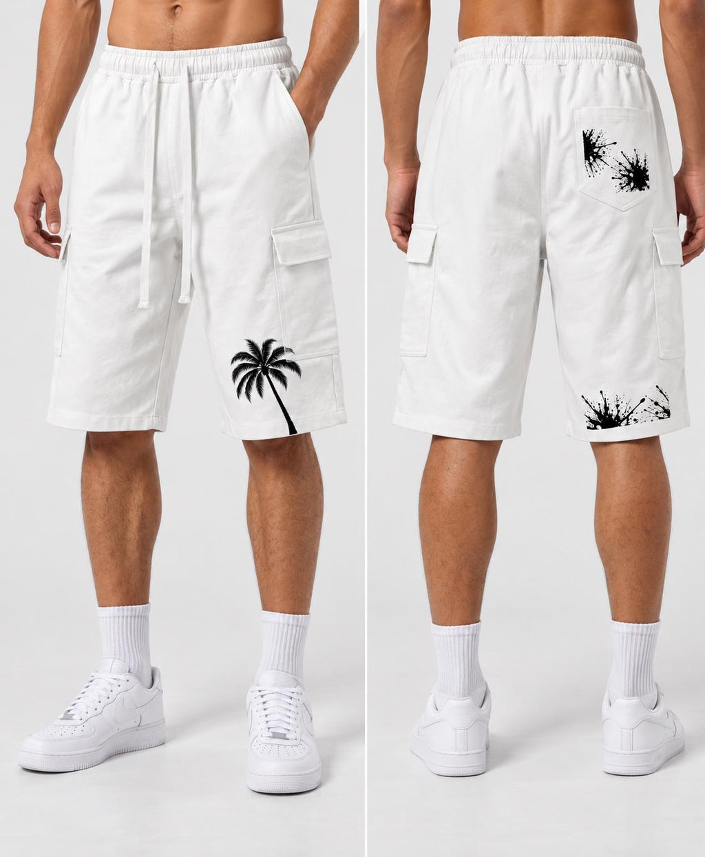 Men's White Cargo Shorts, Palm Tree & Paint Splatter Print, Relaxed Fit (Limited Edition)