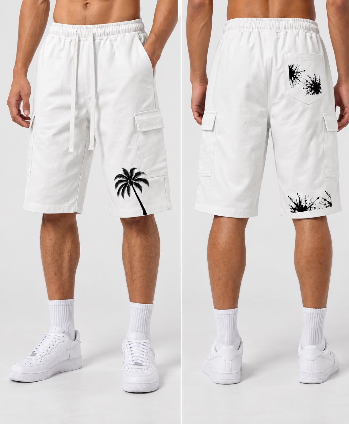Men's White Cargo Shorts, Palm Tree & Paint Splatter Print, Relaxed Fit (Limited Edition)