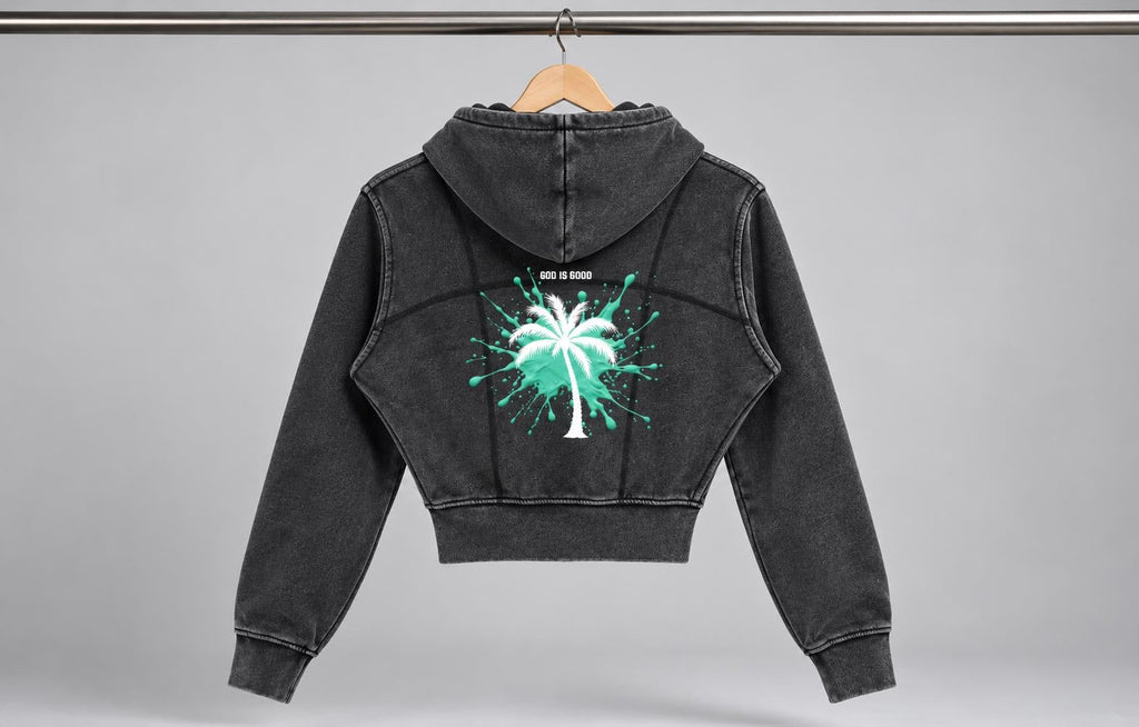 Washed Charcoal Cropped Hoodie, Palm Tree Paint Splash, Faith Streetwear