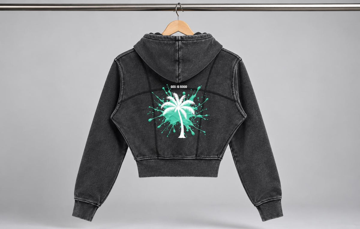Washed Charcoal Cropped Hoodie, Palm Tree Paint Splash, Faith Streetwear