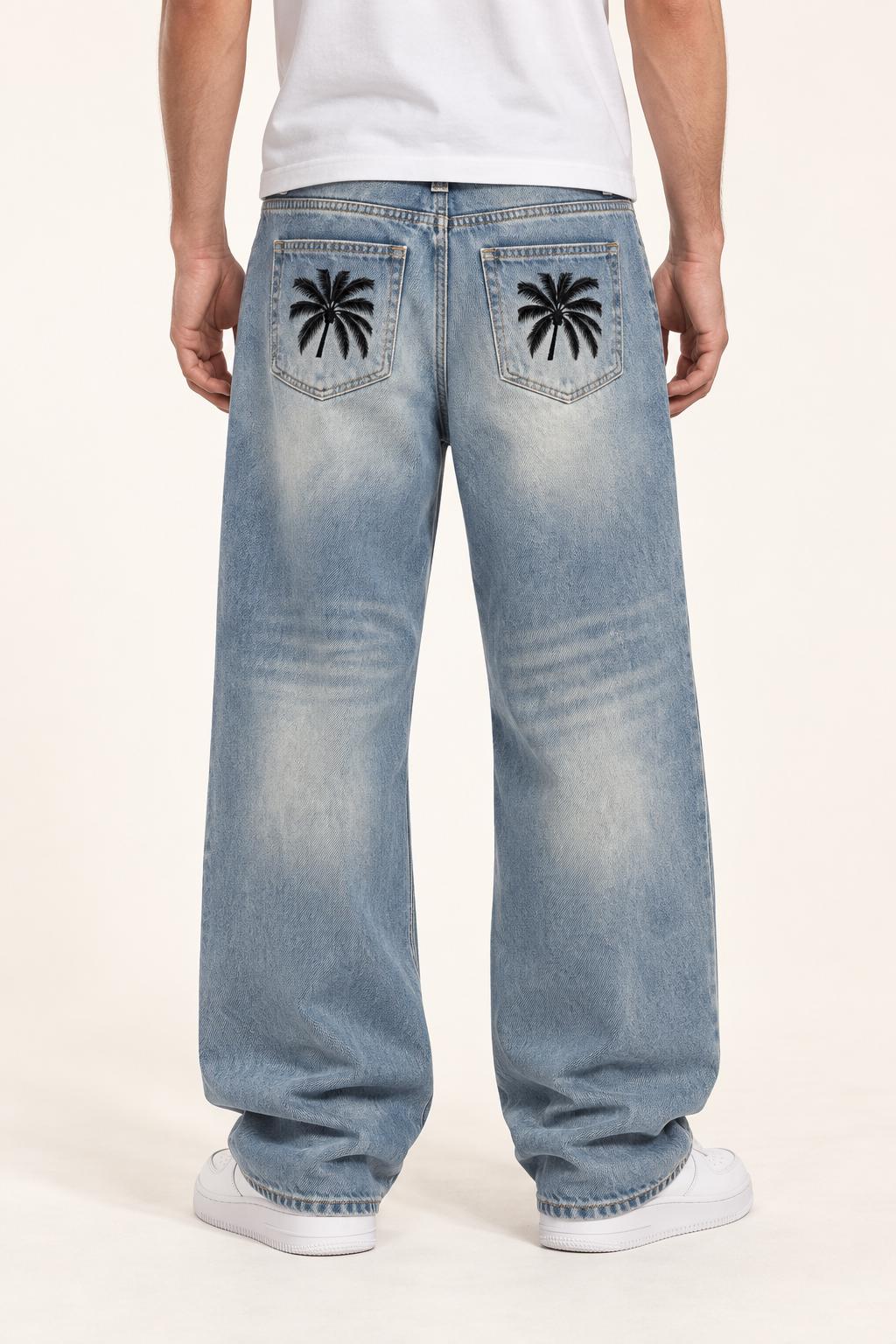 Men's Light Wash Palm Tree Jeans, Relaxed Wide Leg Denim Pants