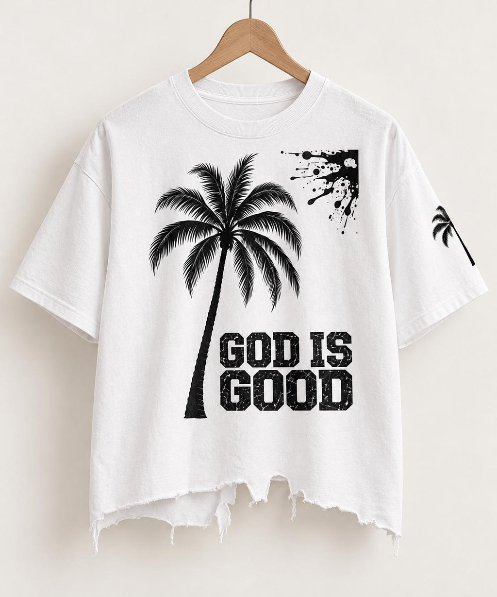 Oversized White T-Shirt, Black Palm Tree, Distressed Hem, Christian Streetwear