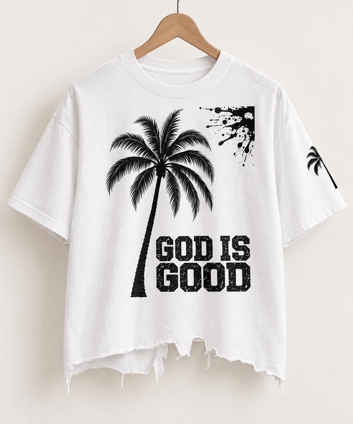 Oversized White T-Shirt, Black Palm Tree, Distressed Hem, Christian Streetwear