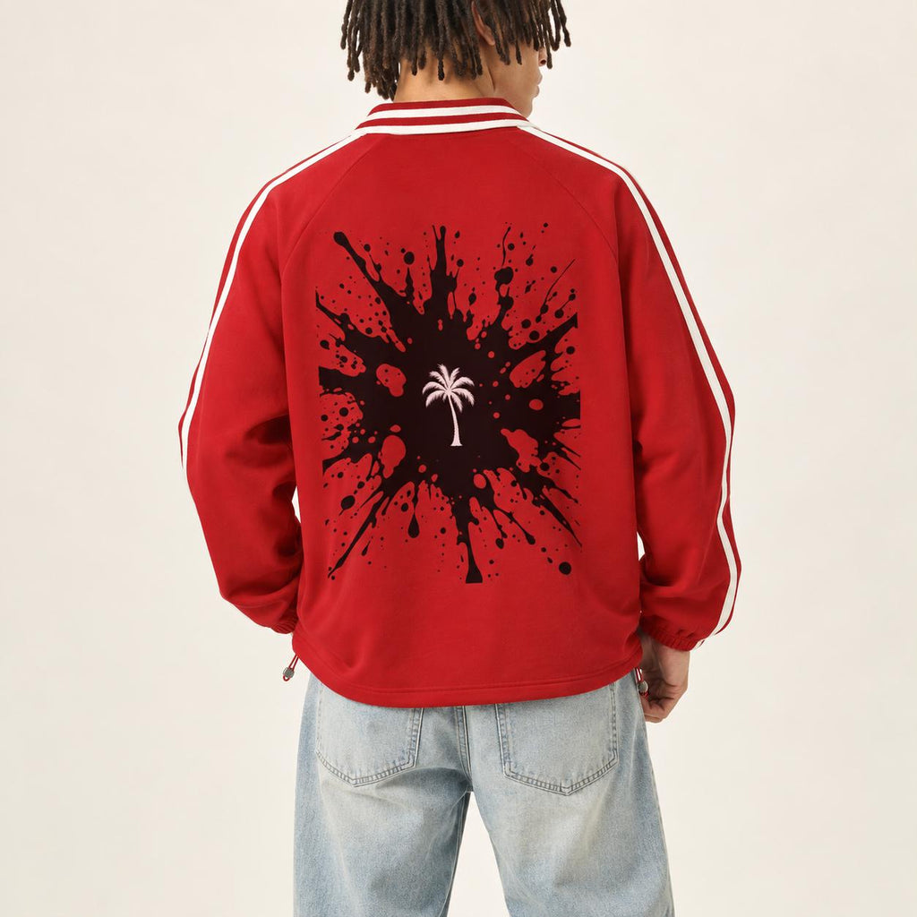 Red Palm Tree Rugby Pullover, Striped Collar, Paint-Splatter Back (Long Sleeve)
