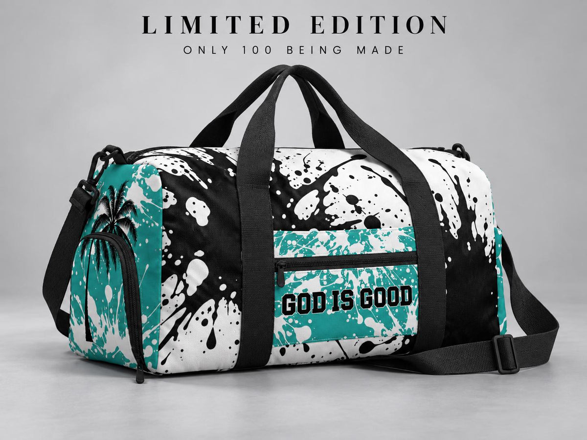 Limited Edition Teal Palm Tree Duffel Bag – Paint Splatter, Faith-Inspired Gym Bag
