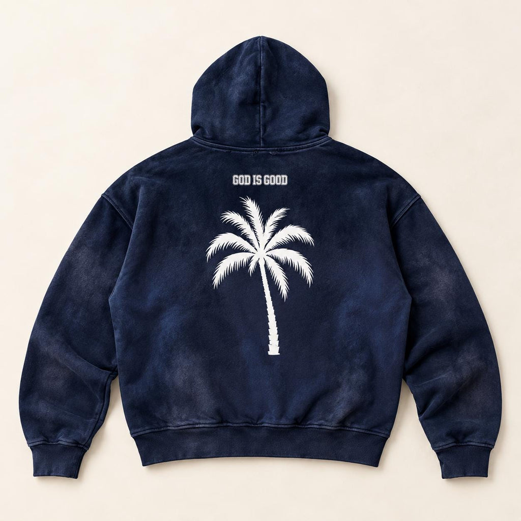 Washed Navy Palm Tree Hoodie, Christian Streetwear Sweatshirt, Oversized Pullover