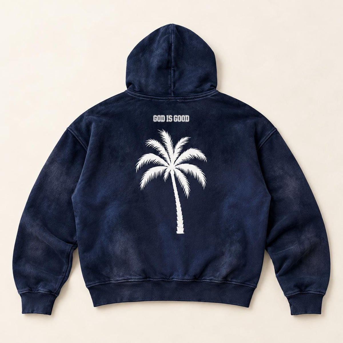 Washed Navy Palm Tree Hoodie, Christian Streetwear Sweatshirt, Oversized Pullover