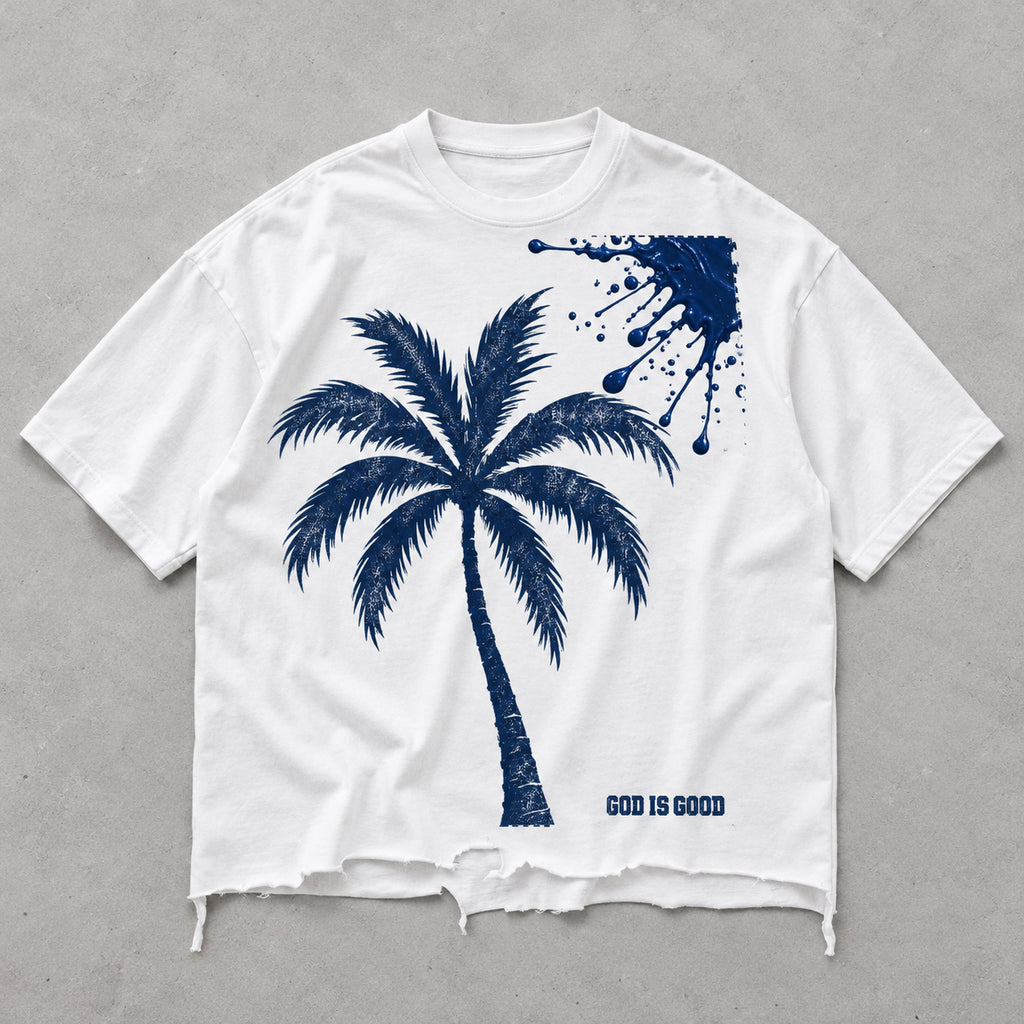 Navy Palm White Tee