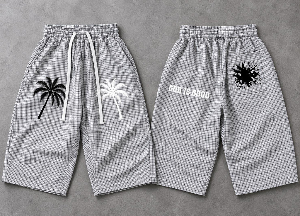 White Plaid Palm Tree Bermuda Shorts, God Is Good Graphic, Drawstring Waist