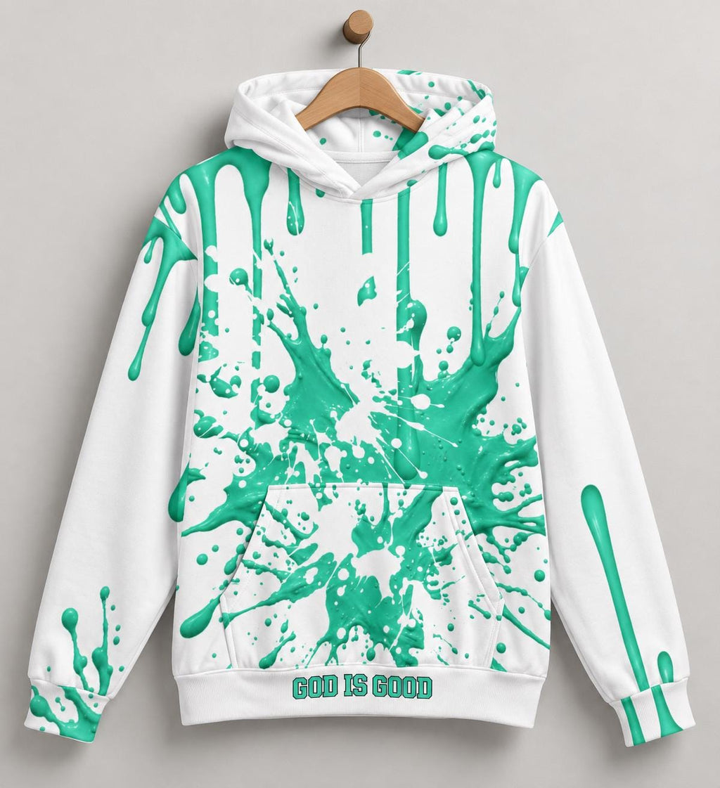 Arctic Green Paint Splatter Hoodie, White Pullover, God Is Good, I Love You Back (Limited Edition)