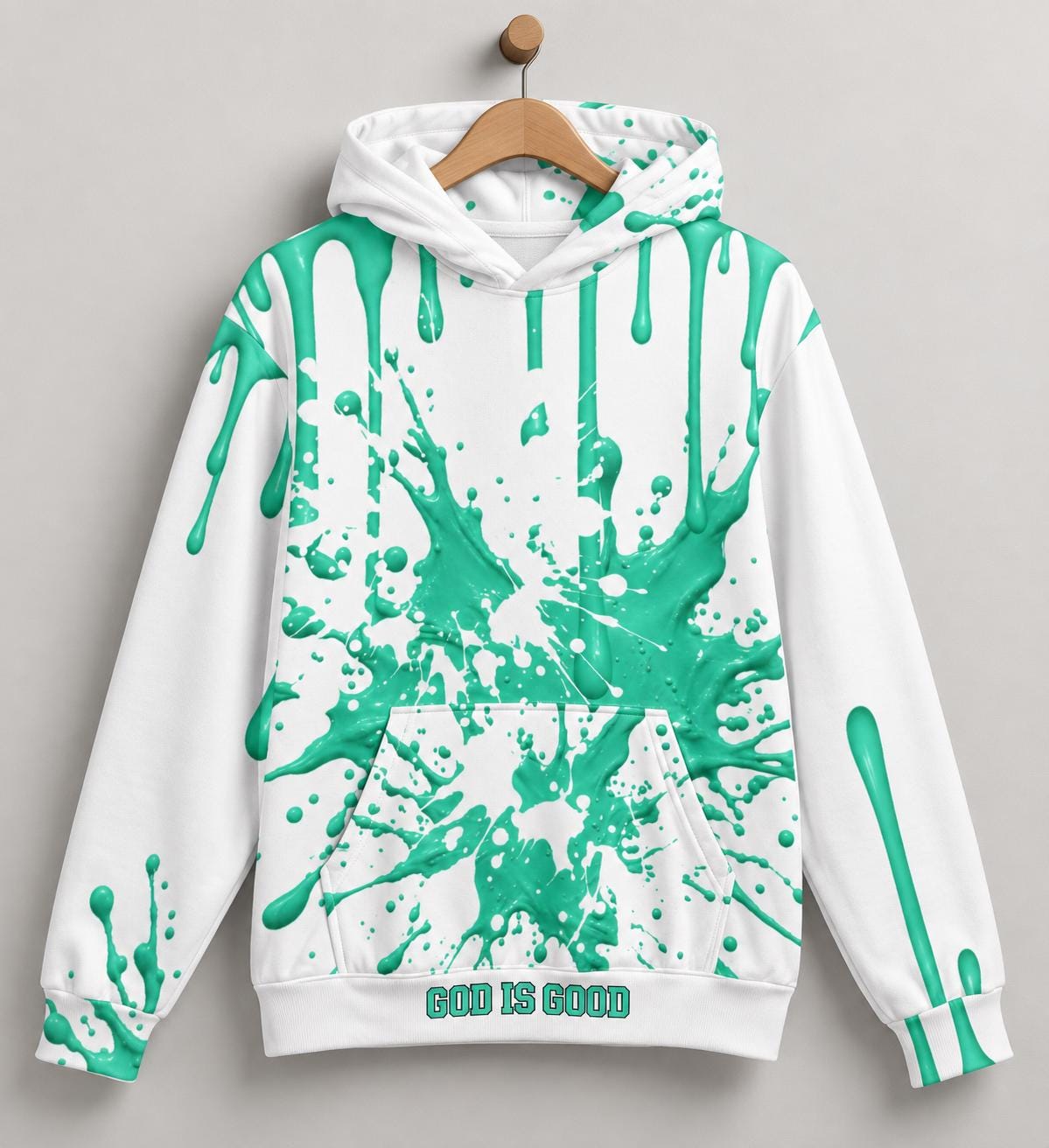 Arctic Green Paint Splatter Hoodie, White Pullover, God Is Good, I Love You Back (Limited Edition)