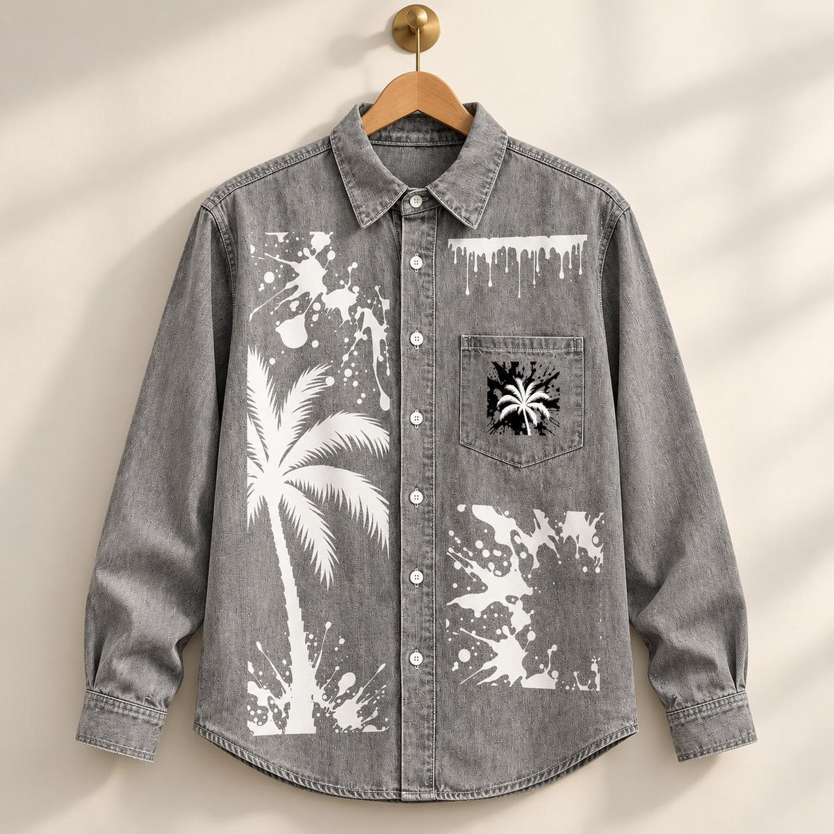 Washed Gray Denim Shirt, Palm Tree Graphics, "God Is Good" Back Design