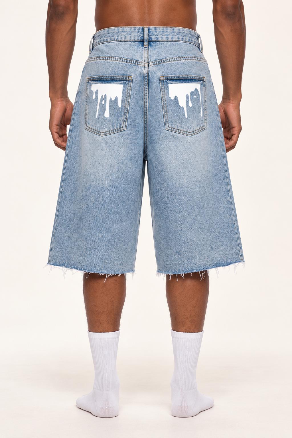 Men's Light Wash Denim Bermuda Shorts, Paint Splatter Palm Tree Graphics, Raw Hem Jorts