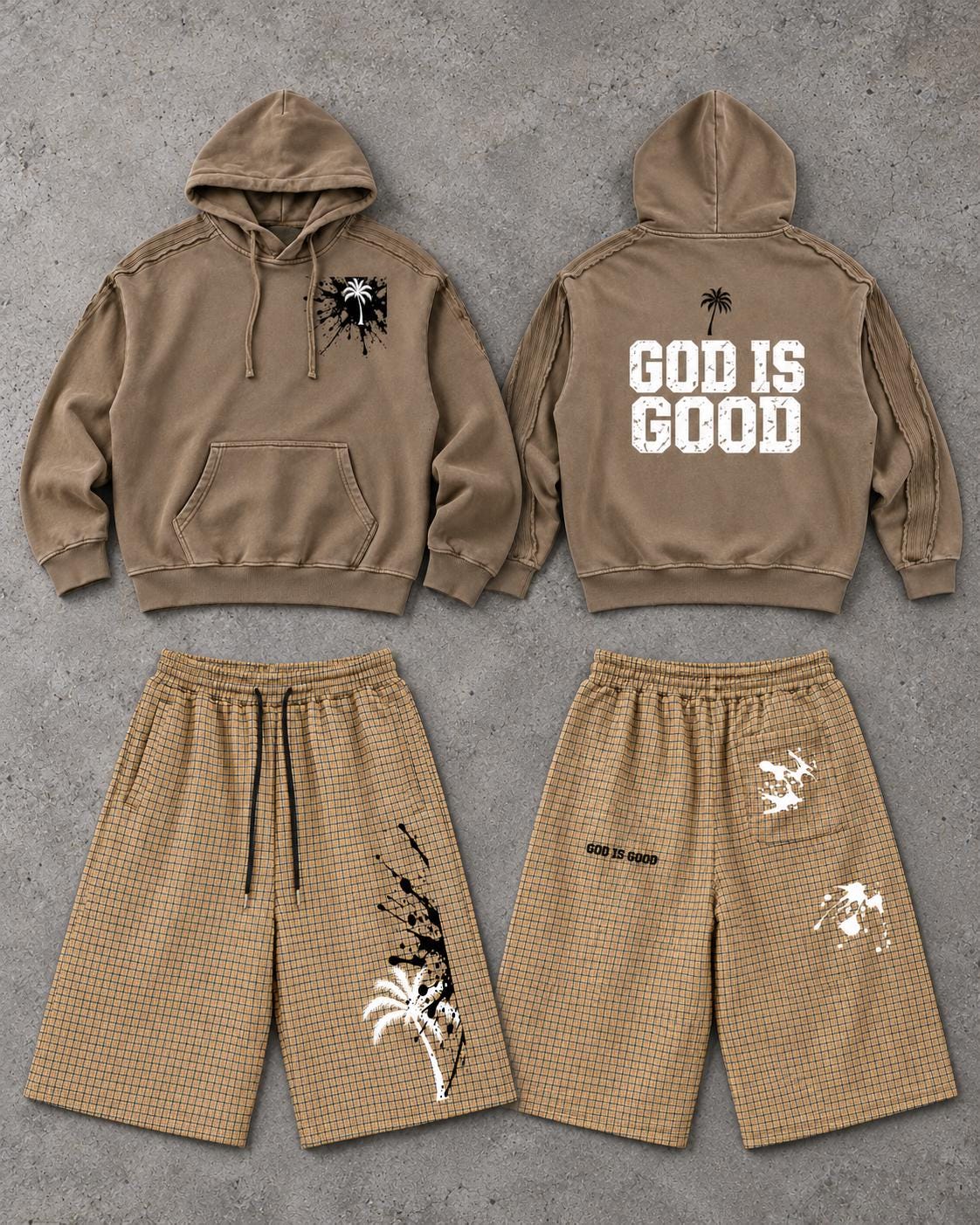 Tan Plaid Palm Tree Shorts, Paint Splash Graphics, Drawstring Bermuda Shorts