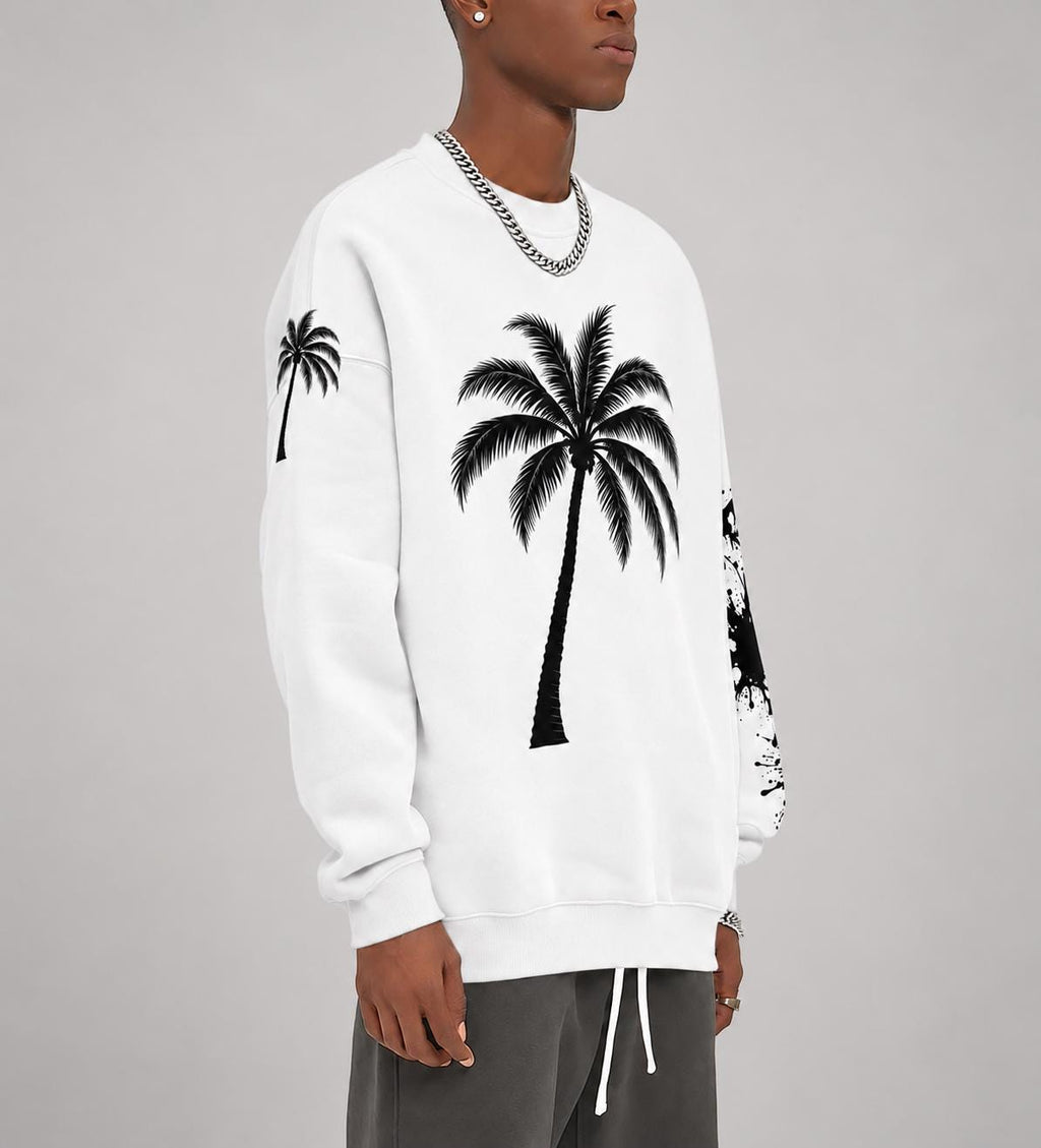 God Is Good Palm Tree Sweatshirt, Paint Splatter Sleeves, Christian Streetwear