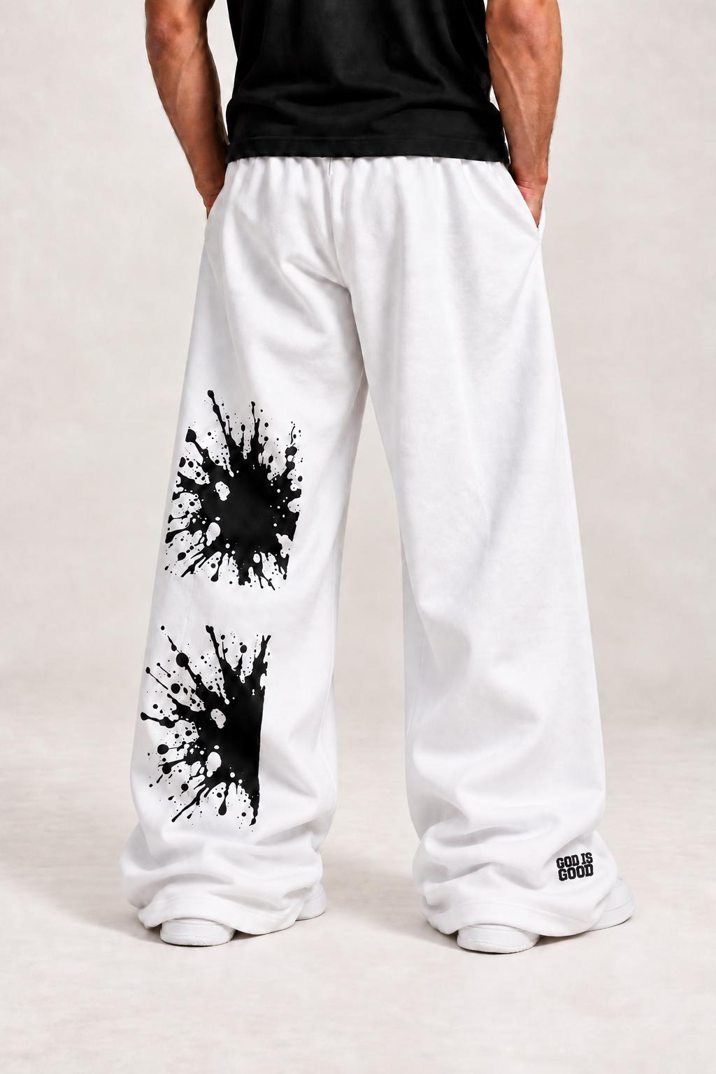 White Palm Tree Sweatpants, Black Splatter Wide Leg Pants, God Is Good Graphic Streetwear