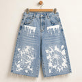 Men's Light Wash Denim Bermuda Shorts, Paint Splatter Palm Tree Graphics, Raw Hem Jorts