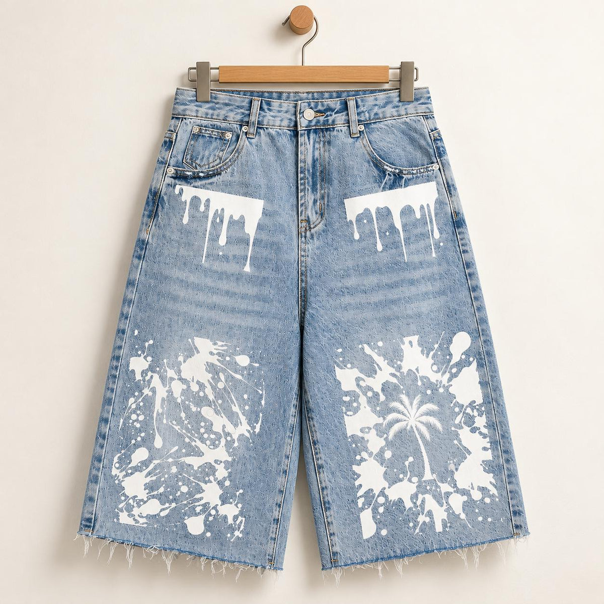 Men's Light Wash Denim Bermuda Shorts, Paint Splatter Palm Tree Graphics, Raw Hem Jorts
