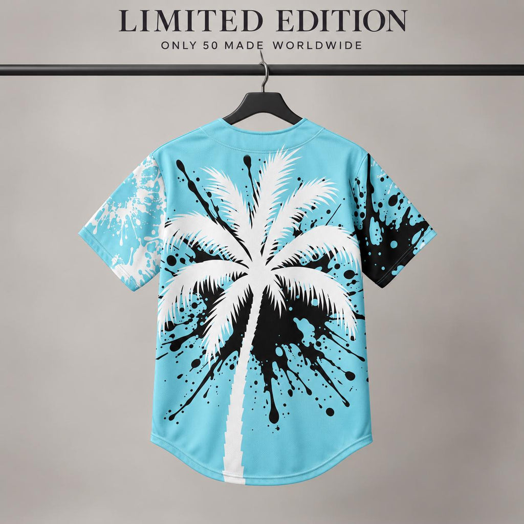 Limited Edition Teal Palm Tree Baseball Jersey, Paint Splatter Button-Up Shirt (Only 50 Worldwide)