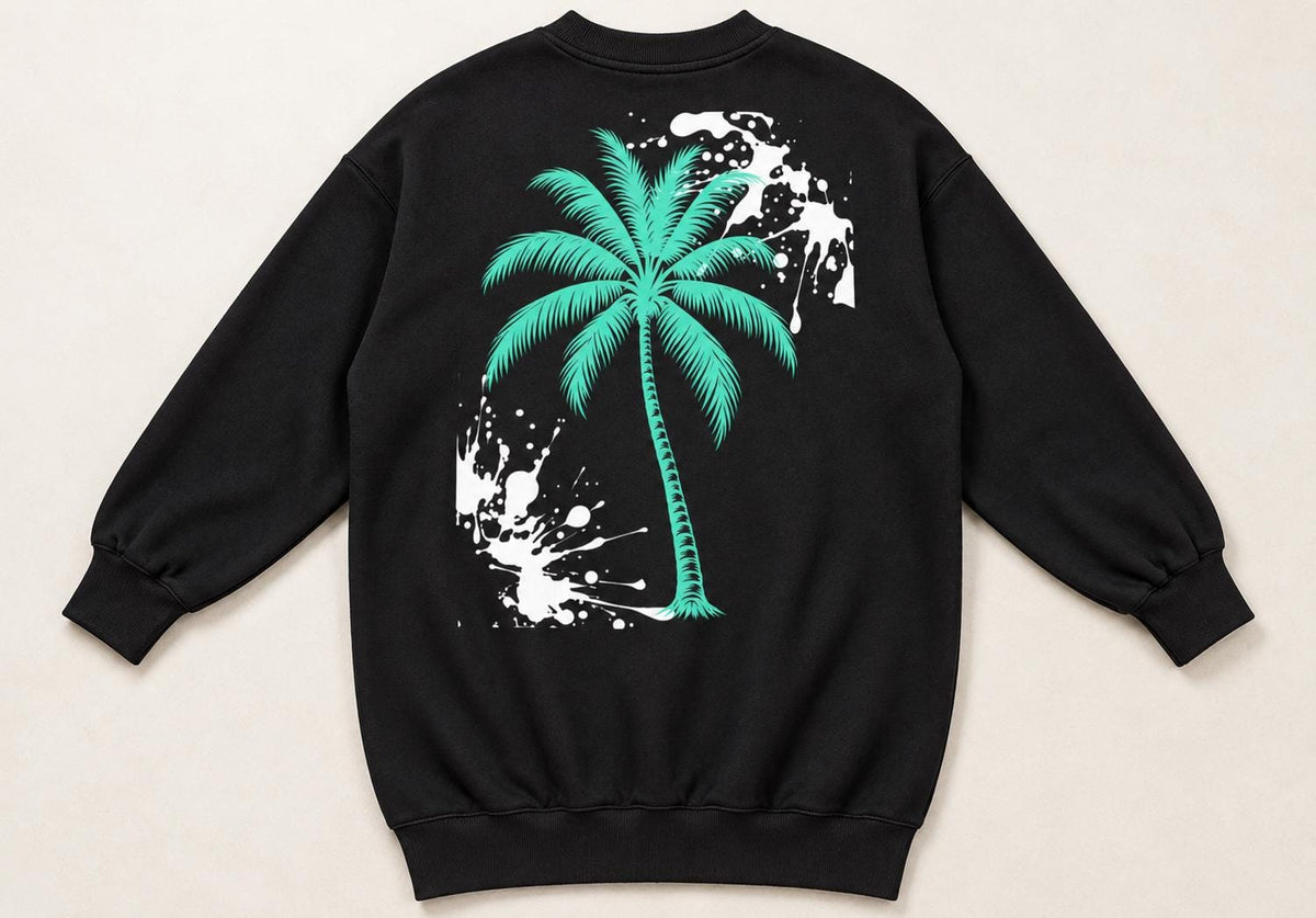 God Is Good Oversized Sweatshirt Dress, Black Mint Palm Tree Graphic, Women's Long Crewneck, Limited Edition