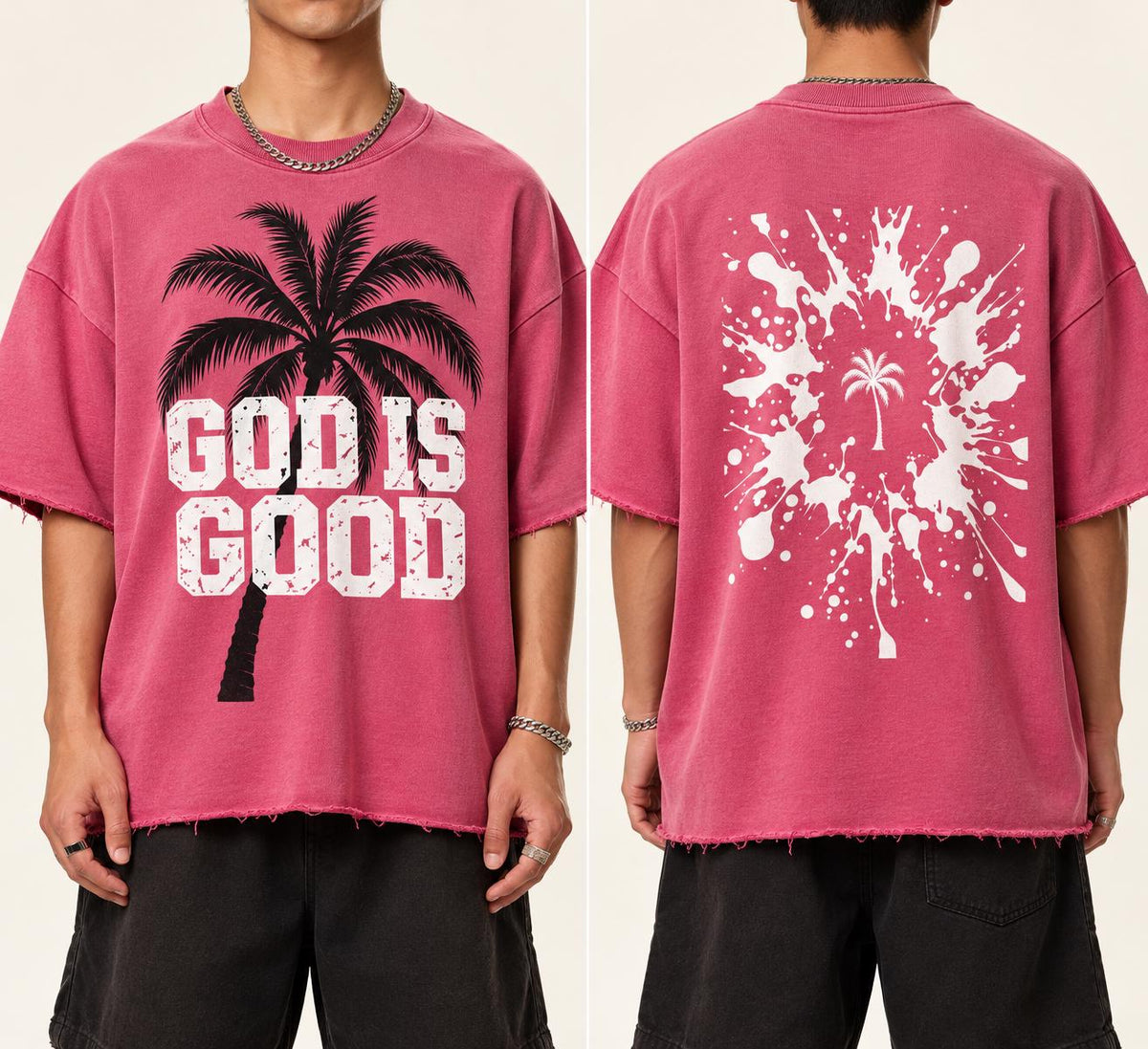 Pink Oversized Palm Tree T-Shirt, Washed Christian Streetwear, Frayed Hem Tee