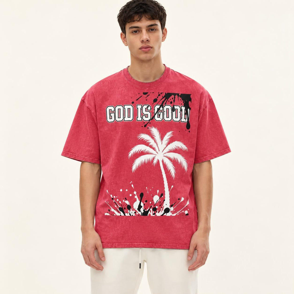 Washed Red Oversized T-Shirt, Palm Tree Graphic, Christian Streetwear (100% Cotton)