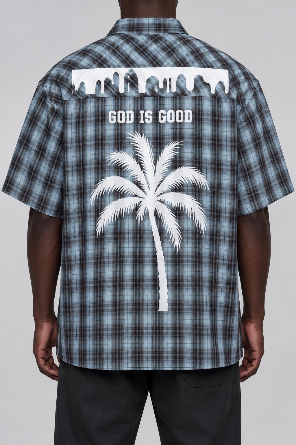 God Is Good Plaid Button-Up Shirt, Palm Tree Graphic, Oversized Streetwear