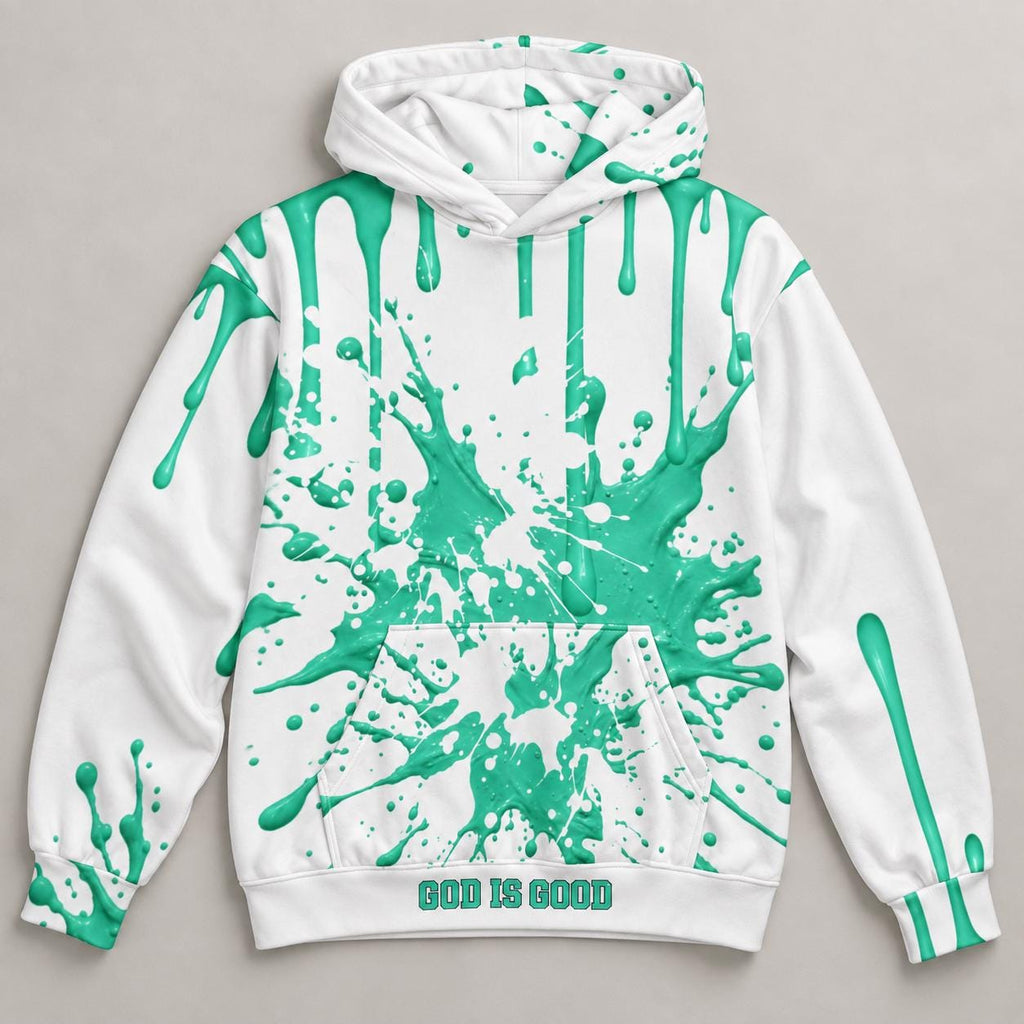 Arctic Green Paint Splatter Hoodie, White Pullover, God Is Good, I Love You Back (Limited Edition)
