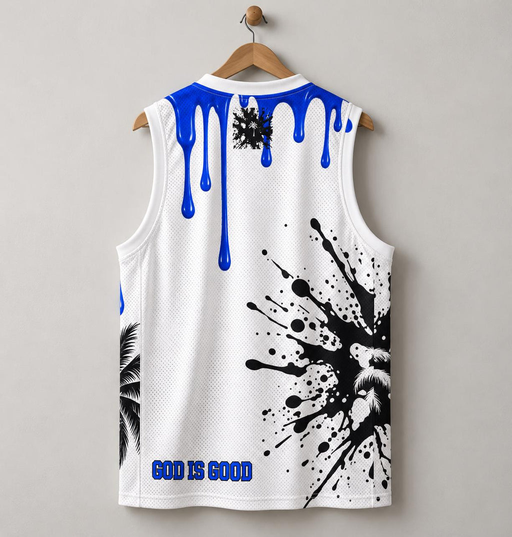 Limited Edition Basketball Jersey, Royal Blue Palm Tree Print, God Is Good (88)