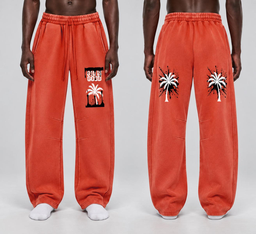 God Is Good Red Orange Sweatpants, Palm Tree Graphic Pants, Relaxed Wide Leg Streetwear