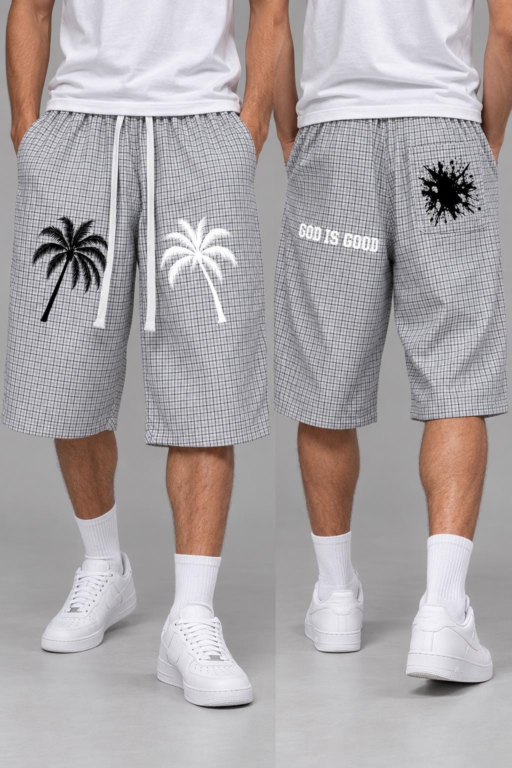White Plaid Palm Tree Bermuda Shorts, God Is Good Graphic, Drawstring Waist