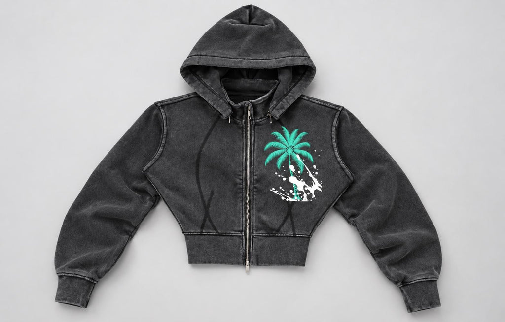 Washed Charcoal Cropped Hoodie, Palm Tree Paint Splash, Faith Streetwear