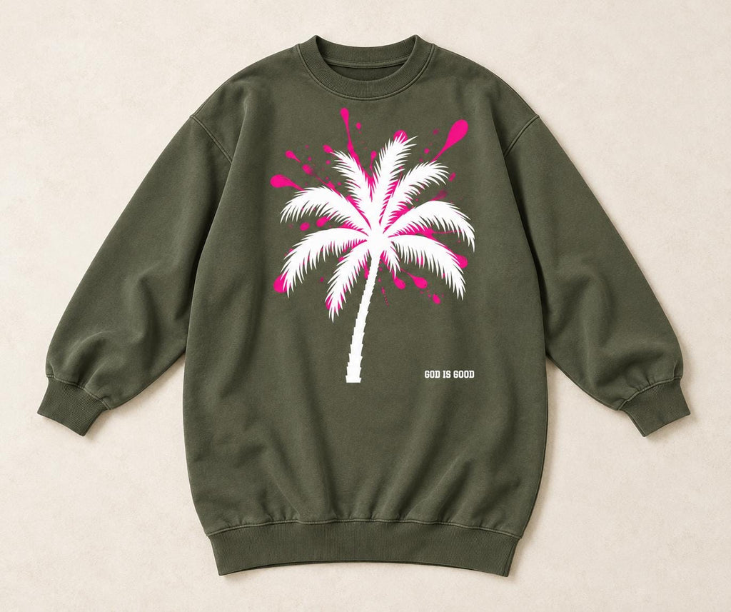 Olive Green Oversized Sweatshirt Dress, Pink Palm Tree Graphic, God Is Good Crewneck, I Love You Back Print, Limited Edition