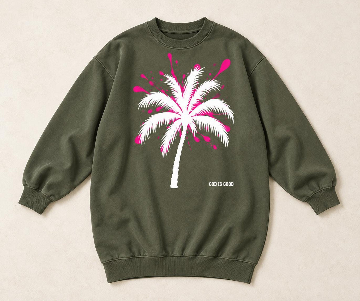 Olive Green Oversized Sweatshirt Dress, Pink Palm Tree Graphic, God Is Good Crewneck, I Love You Back Print, Limited Edition
