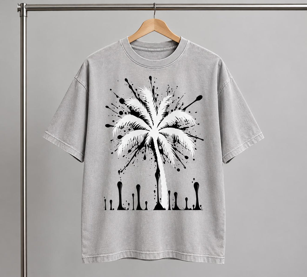Oversized Gray T-Shirt, Palm Tree Paint Splatter, Faith Streetwear