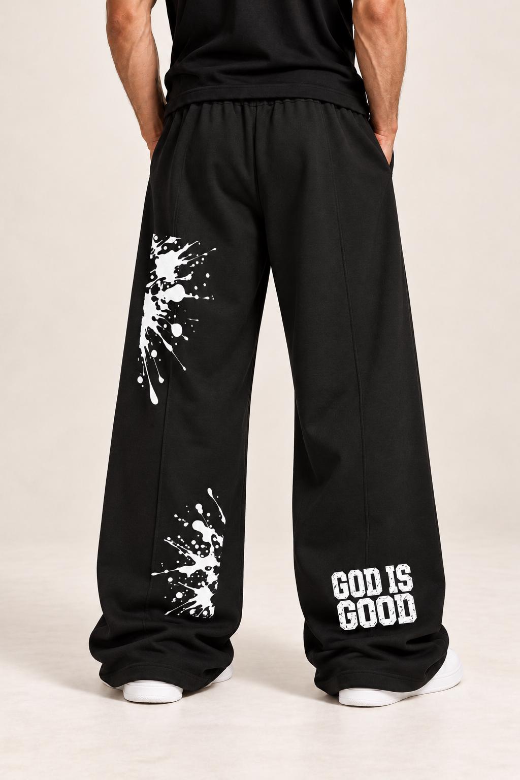 Black Palm Tree Sweatpants, White Splatter Wide Leg Pants, God Is Good Graphic Streetwear