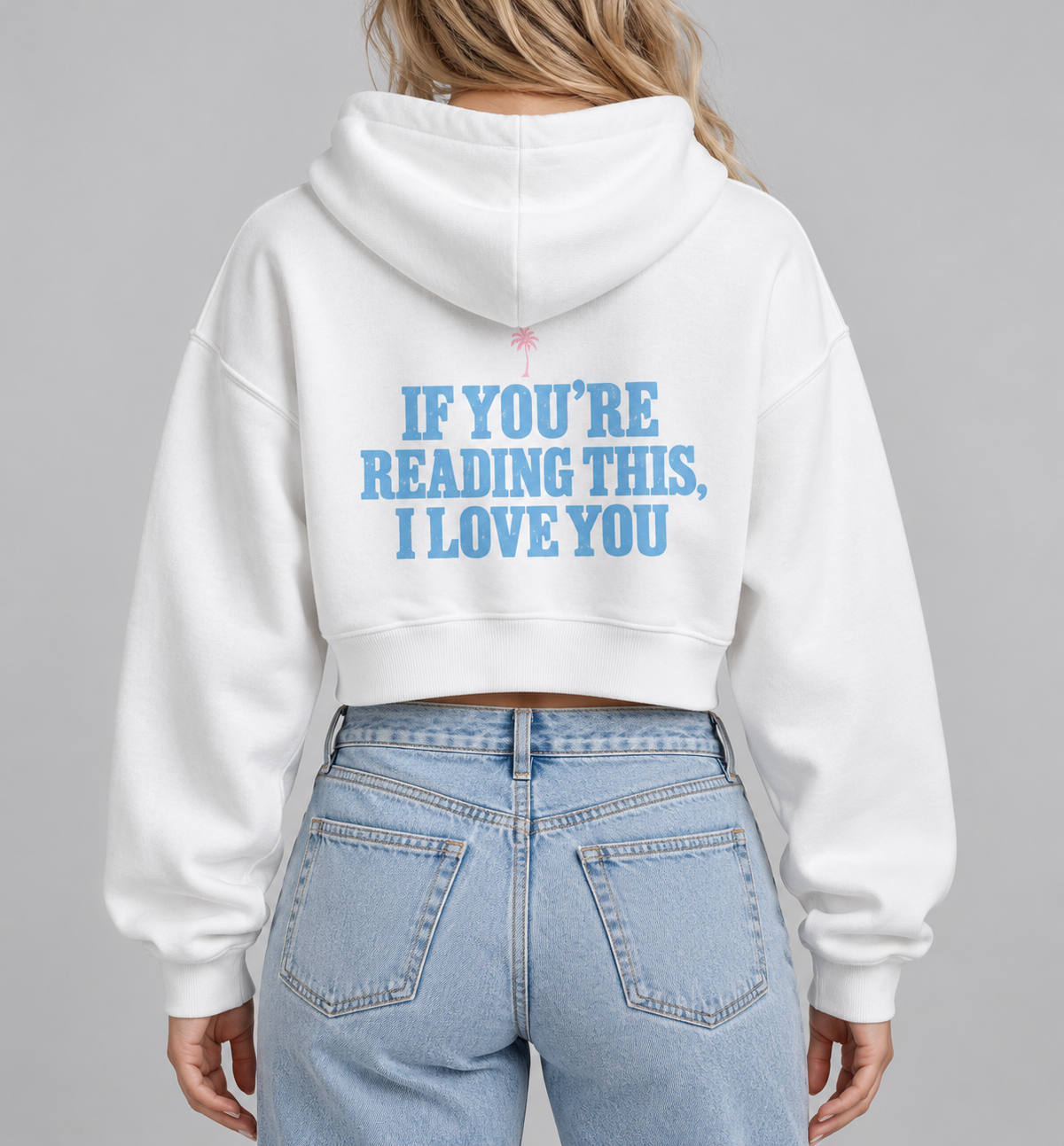 White Lynem Essential Cropped Hoodie / Baby Blue Print