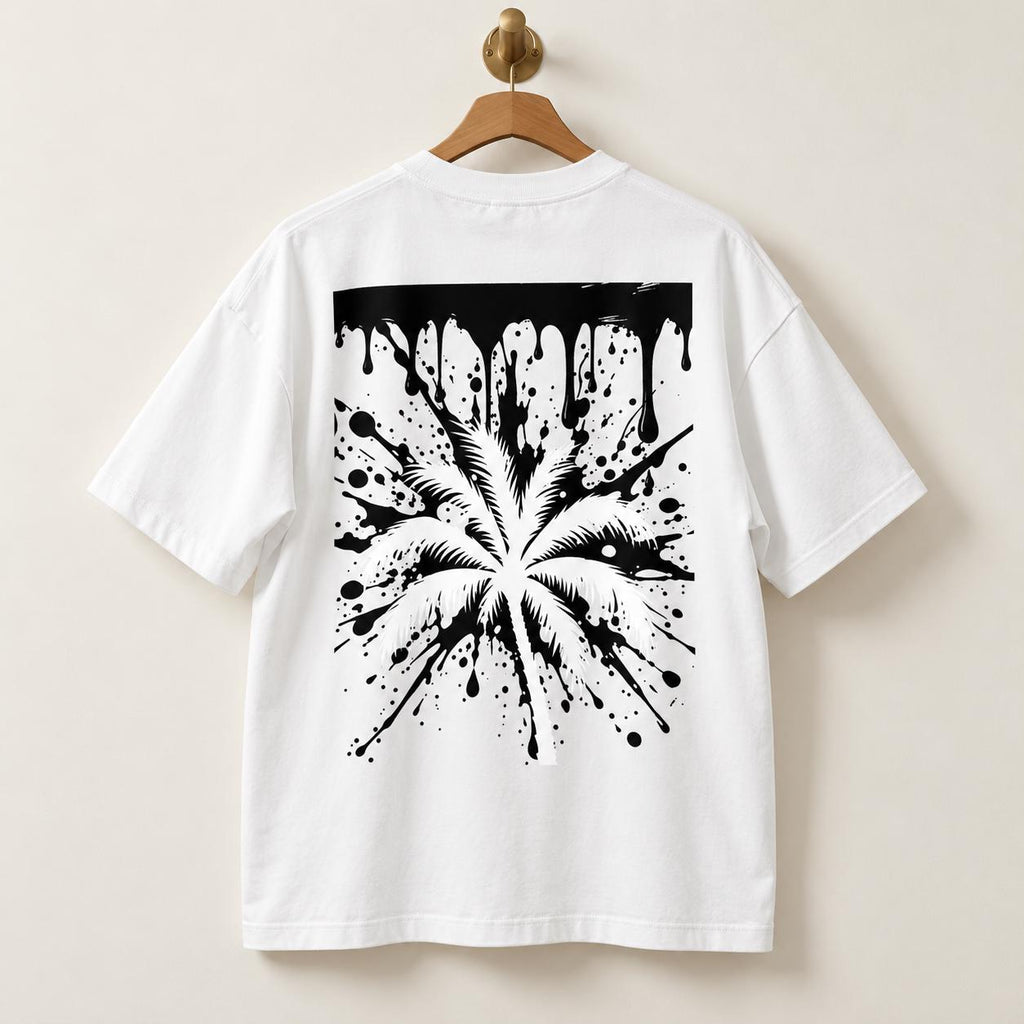 Oversized White Palm Tree T-Shirt, Black Splatter Drip Back, Limited Edition