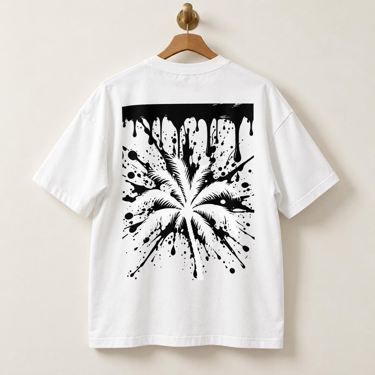 Oversized White Palm Tree T-Shirt, Black Splatter Drip Back, Limited Edition