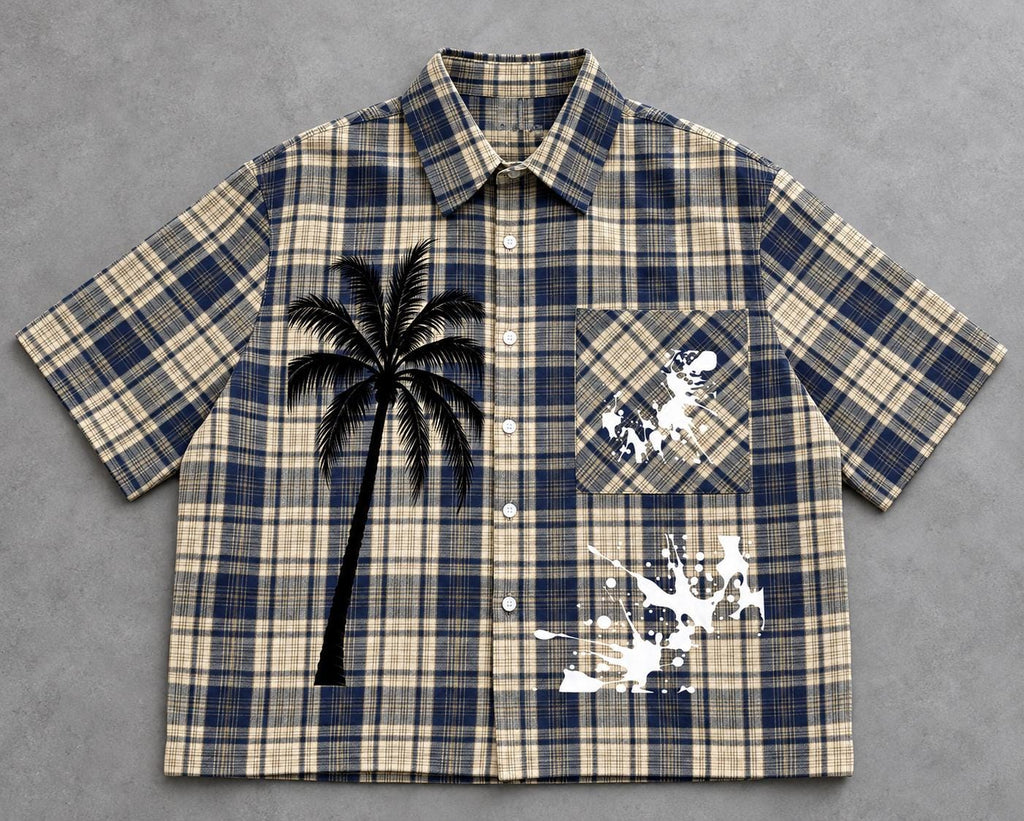 Navy Cream Plaid Button-Up Shirt, Palm Tree Graphic, Oversized Streetwear