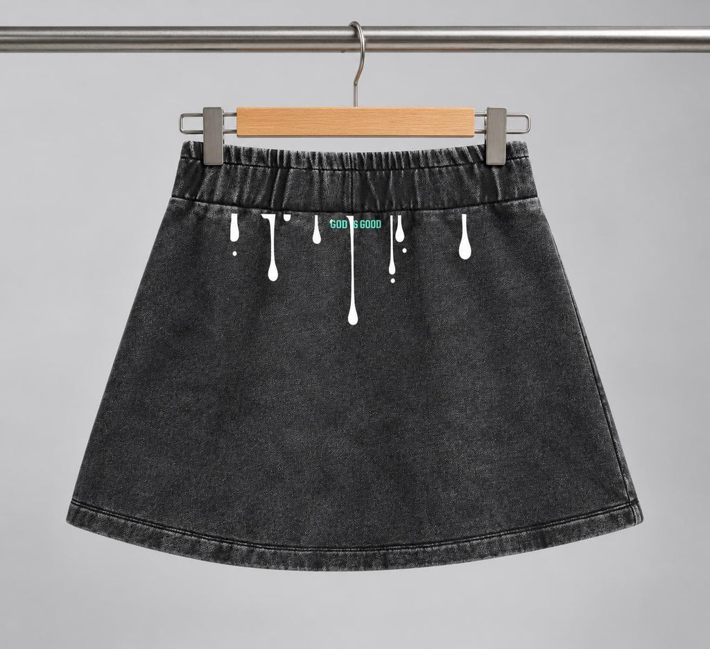 Washed Charcoal Mini Skirt with Teal and White Palm Tree Graphic, A-Line Streetwear Skirt