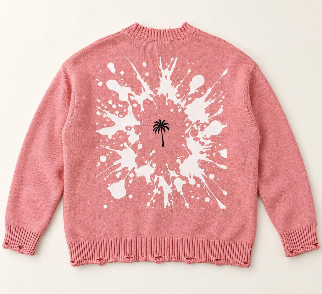 Pink Palm Tree Knit Sweater, Distressed Oversized Pullover, Paint Splatter Graphic