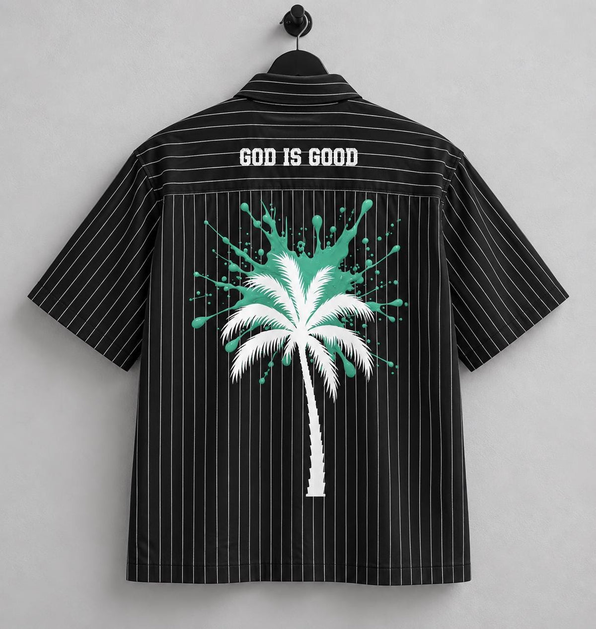 Oversized Pinstripe Button-Up Shirt, Palm Tree Graphic, Teal Splash Back Art