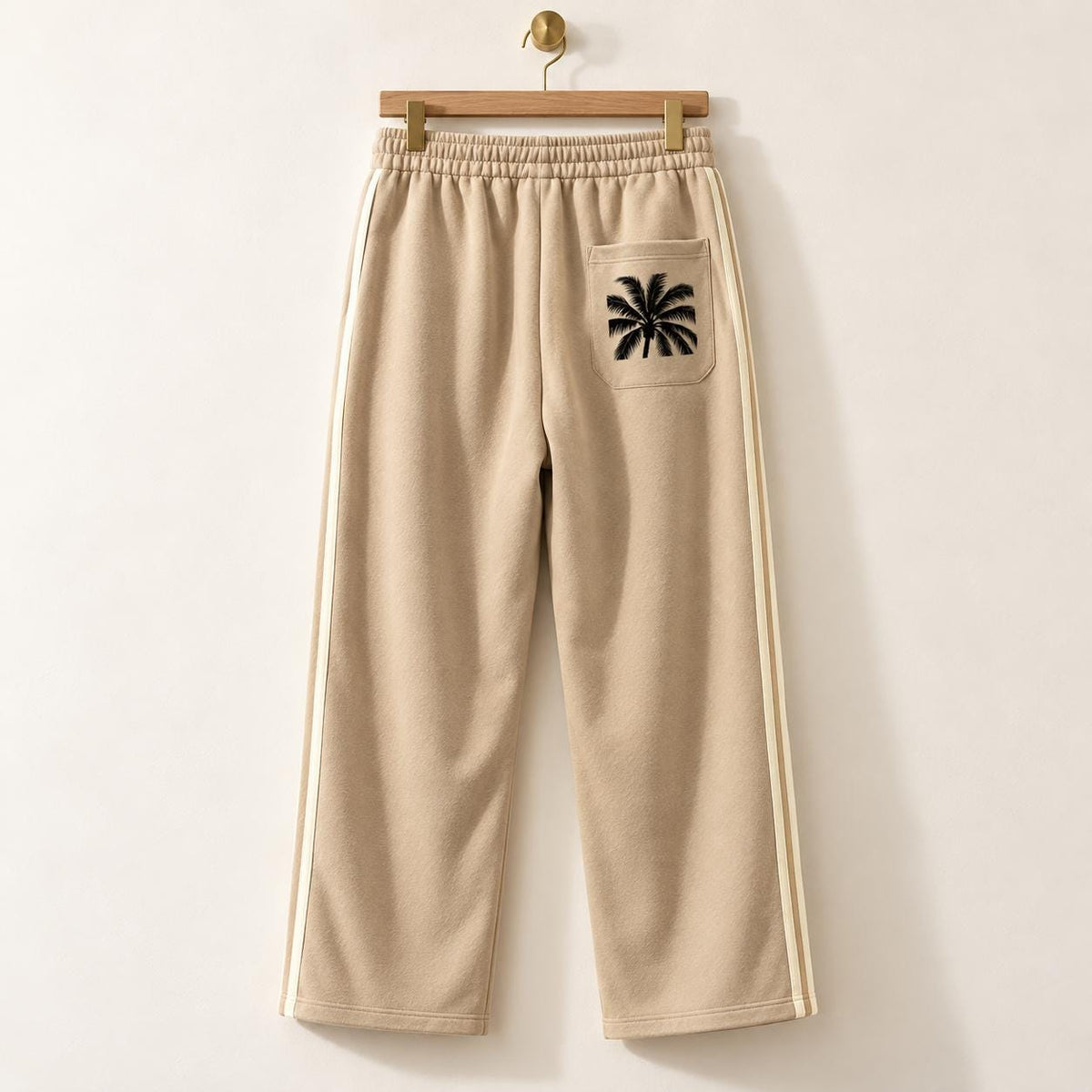 Men's Beige Palm Tree Sweatpants, Wide Leg Track Pants with Cream Stripes