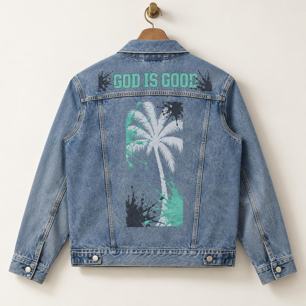 God Is Good Denim Jacket, Washed Blue Trucker Jacket with Palm Tree Graphic - Streetwear